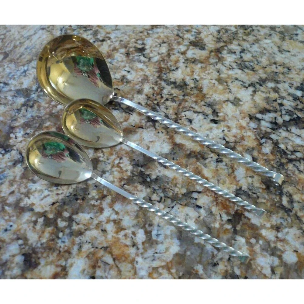 Tallinn Factory 2 Spoons & Ladle Twisted Handle Gilt Bowl Silverplate USSR